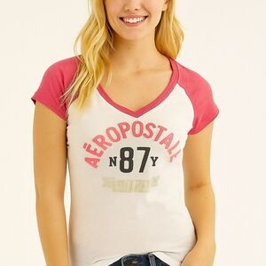 Aeropostale N87 Graphic Baby Tee Pink Raglan V-Neck M 2010s Y2K Era PHYS.ED Lo